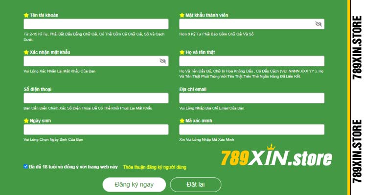 Bảng thông tin đăng ký 789XIN